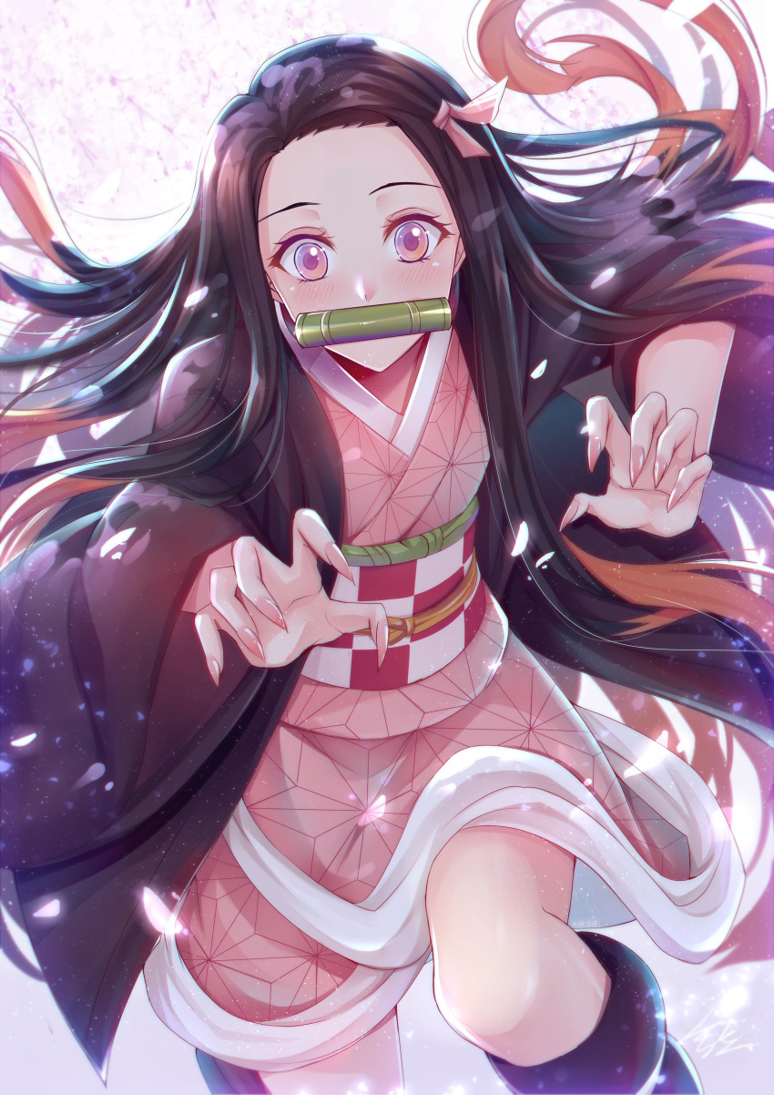 1girl absurdres bamboo bit_gag black_hair brown_hair checkered_sash commentary_request fingernails forehead gag gradient_hair gu_li hair_ribbon highres japanese_clothes kamado_nezuko kimetsu_no_yaiba kimono long_hair long_sleeves looking_at_viewer mouth_hold multicolored_hair pink_eyes pink_kimono pink_ribbon ribbon sharp_fingernails solo two-tone_hair very_long_hair