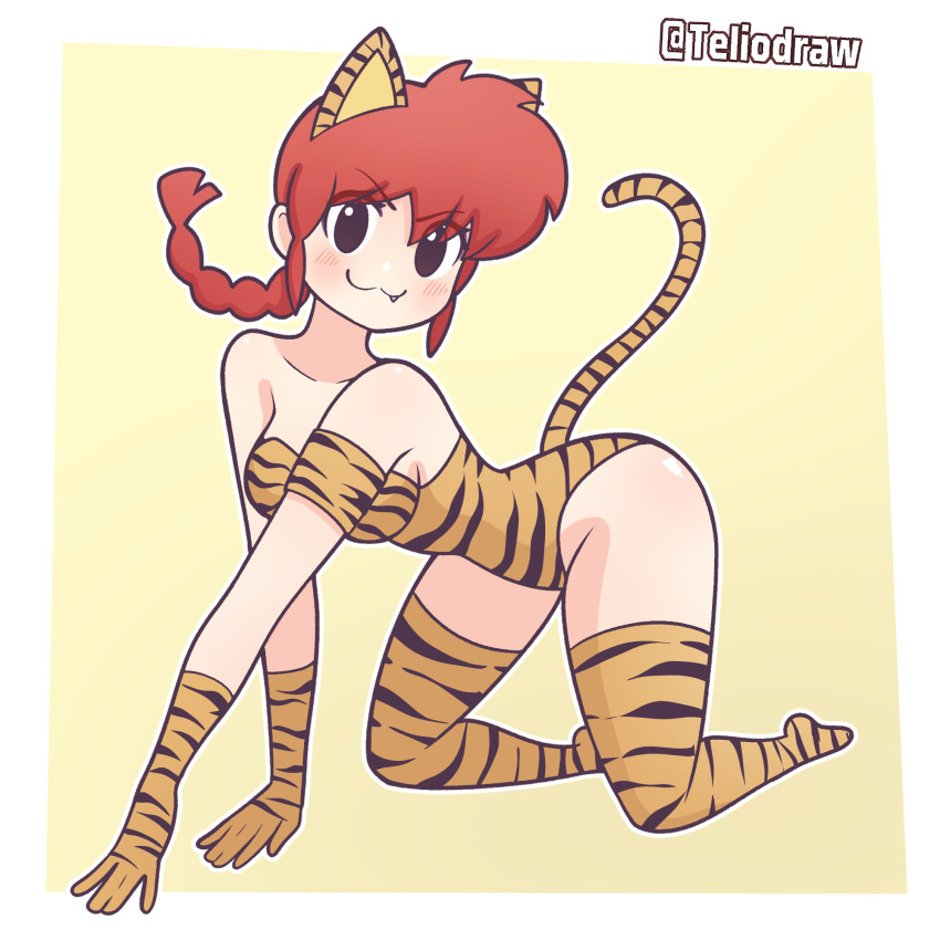 1girl :3 all_fours animal_ears animal_print armband bare_shoulders braid braided_ponytail breasts cat_ears cat_tail fang genderswap genderswap_(mtf) gloves highres leotard looking_at_viewer ranma-chan ranma_1/2 red_hair saotome_ranma solo tail teliodraw thighhighs tiger_print twitter_username