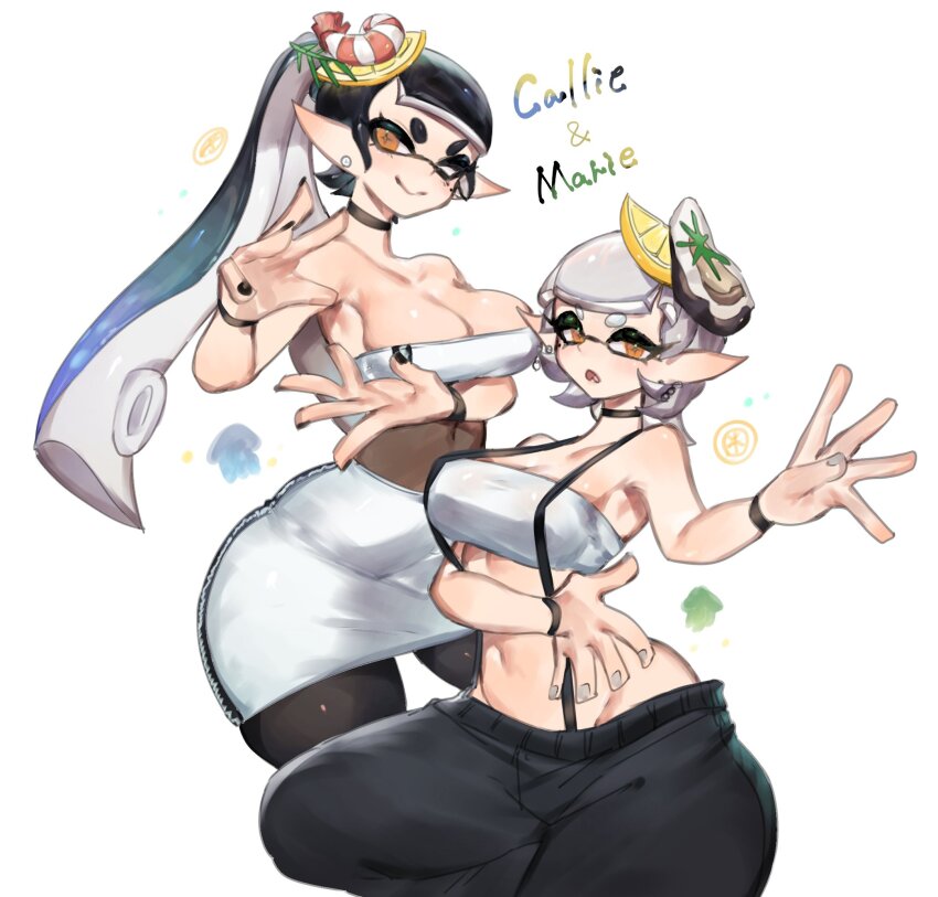 2girls baggy_pants bare_shoulders black_hair black_pants black_pantyhose breasts callie_(splatoon) choker cleavage covered_navel crop_top earrings food food_on_head fruit grey_hair highres inkling jewelry large_breasts lemon lemon_slice marie_(splatoon) miniskirt mole multiple_girls navel nintendo object_on_head official_alternate_costume oyster pants pantyhose pointy_ears shrimp simple_background skirt splatoon_(series) splatoon_1 splatoon_3 strapless suspenders tentacle_hair thick_thighs thighs togetoge tube_top yellow_eyes