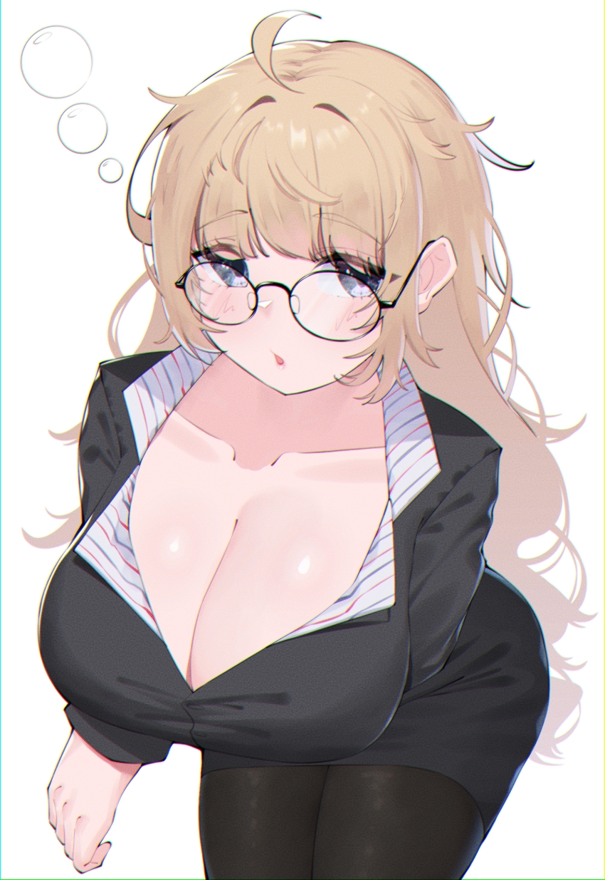 1girl absurdres ahoge black_jacket black_pantyhose blonde_hair breasts cleavage collarbone glasses highres himeliofon jacket large_breasts leaning_forward long_hair office_lady original pantyhose round_eyewear solo