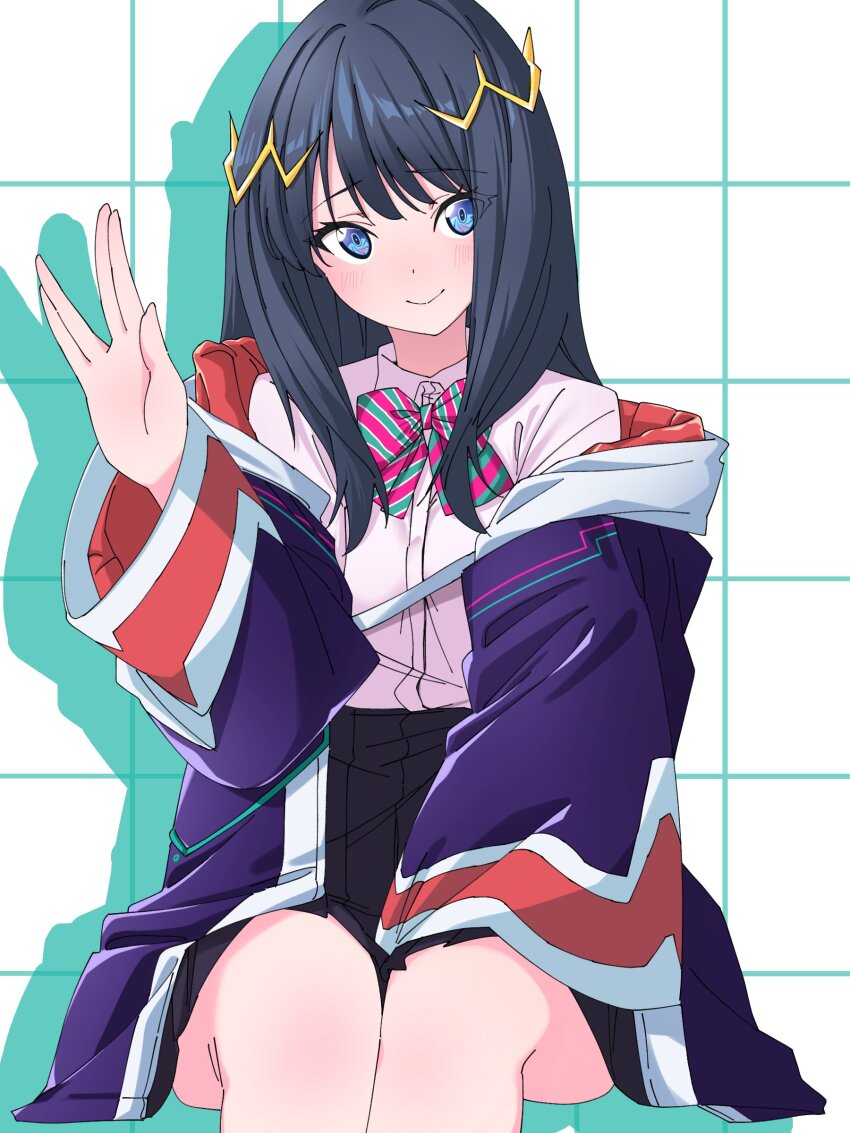 1girl absurdres black_hair black_skirt blue_coat blue_eyes blush coat gridman_universe gridman_universe_(film) high-waist_skirt highres isme long_hair pink_shirt pleated_skirt shirt sitting skirt smile solo takarada_rikka