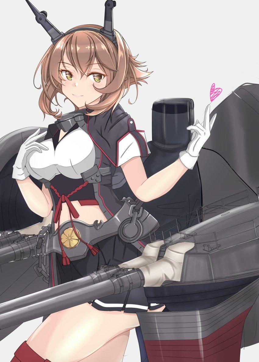 1girl absurdres black_coat breasts brown_hair cannon chain coat cowboy_shot flipped_hair gloves green_eyes hairband headgear highres kantai_collection large_breasts midriff miniskirt mutsu_(kancolle) mutsu_kai_ni_(kancolle) nitamako_(sakamalh) radio_antenna red_thighhighs rigging ship_turret short_hair skirt sleeveless sleeveless_coat solo standing thighhighs white_gloves