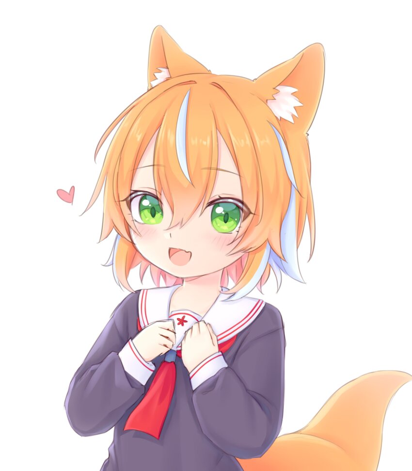 absurdres animal_ear_fluff animal_ears blonde_hair blush fox_girl fox_tail green_eyes heart highres multicolored_hair necktie nirunirin original red_necktie school_uniform smile solo tail white_background