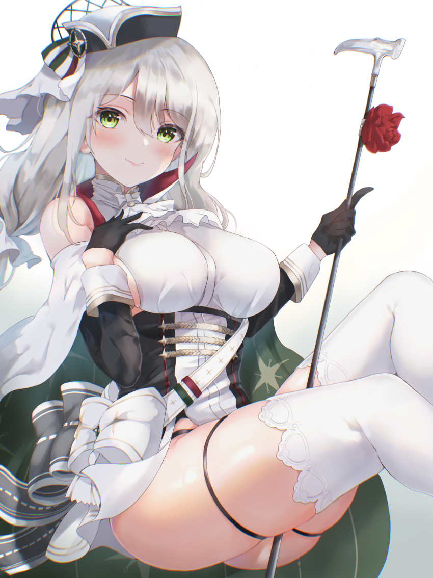 1girl absurdres aquila_(azur_lane) ass azur_lane black_gloves blush breasts commentary_request detached_sleeves futon_fly_away gloves green_eyes hat highres holding holding_staff large_breasts long_hair looking_at_viewer sidelocks silver_hair simple_background sitting smile solo staff thighhighs white_thighhighs