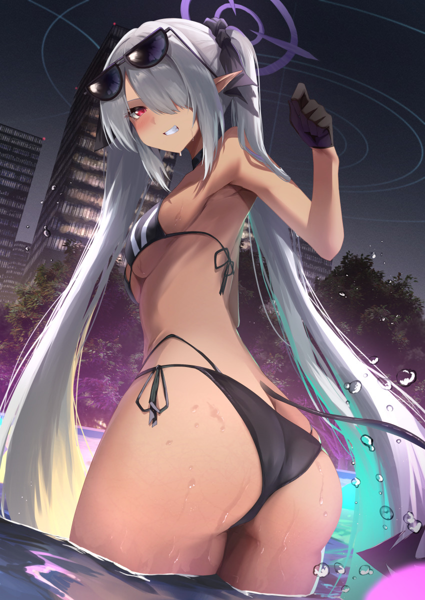 1girl absurdres amane_sora armpits ass bikini black_bikini black_gloves blue_archive blush breasts building butt_crack choker dark-skinned_female dark_skin demon_tail eyewear_on_head gloves grey_hair hair_over_one_eye hair_ribbon halo highres iori_(blue_archive) iori_(swimsuit)_(blue_archive) long_hair looking_at_viewer multi-strapped_bikini_bottom night official_alternate_costume pointy_ears pool red_eyes ribbon side-tie_bikini_bottom small_breasts solo sunglasses swimsuit tail teeth thighs tree twintails very_long_hair wading wet