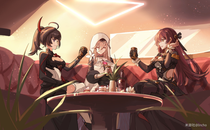 3girls absurdres aponia_(honkai_impact) black_dress blonde_hair bottle breasts brown_hair cake chinese_commentary closed_eyes commentary_request couch cup dress eden_(honkai_impact) food habit hair_between_eyes hair_ornament highres holding holding_cup honkai_(series) honkai_impact_3rd indoors large_breasts long_hair multiple_girls nun on_couch plant potted_plant purple_hair raiden_mei raiden_mei_(danzai_spectramancer) sitting table toasting_(gesture) veil white_veil wine_bottle yellow_eyes yichensang