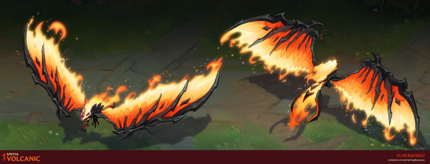 absurdres alternate_costume animal anivia artist_name bird character_name commentary english_commentary fire flaming_bird highres league_of_legends multiple_views outdoors vladbacescu watermark web_address