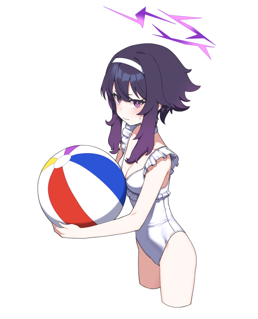 1girl alternate_costume artpatient ball beachball blue_archive breasts cleavage closed_mouth commentary cowboy_shot hairband halo haruka_(blue_archive) highres holding holding_ball holding_beachball looking_at_viewer medium_breasts medium_hair one-piece_swimsuit purple_eyes purple_hair purple_halo sidelocks simple_background solo swimsuit thighs white_background white_hairband white_one-piece_swimsuit