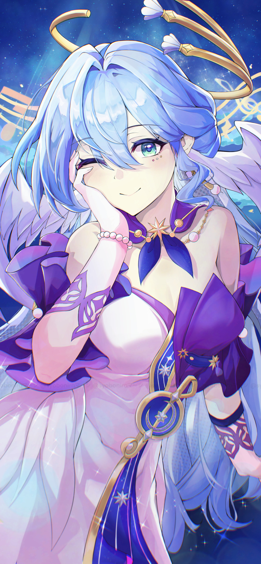 1girl absurdres aqua_eyes bare_shoulders blue_hair bracelet breasts cleavage closed_mouth commentary_request cowboy_shot detached_sleeves dress earrings feathered_wings gloves hair_between_eyes hair_intakes halo hand_on_own_cheek hand_on_own_face head_wings highres honkai:_star_rail honkai_(series) jewel_under_eye jewelry large_breasts long_hair looking_at_viewer night night_sky one_eye_closed pearl_bracelet purple_dress robin_(honkai:_star_rail) sky smile solo staff_(music) star_(sky) starry_sky strapless strapless_dress syobonira very_long_hair white_dress white_gloves white_wings wings