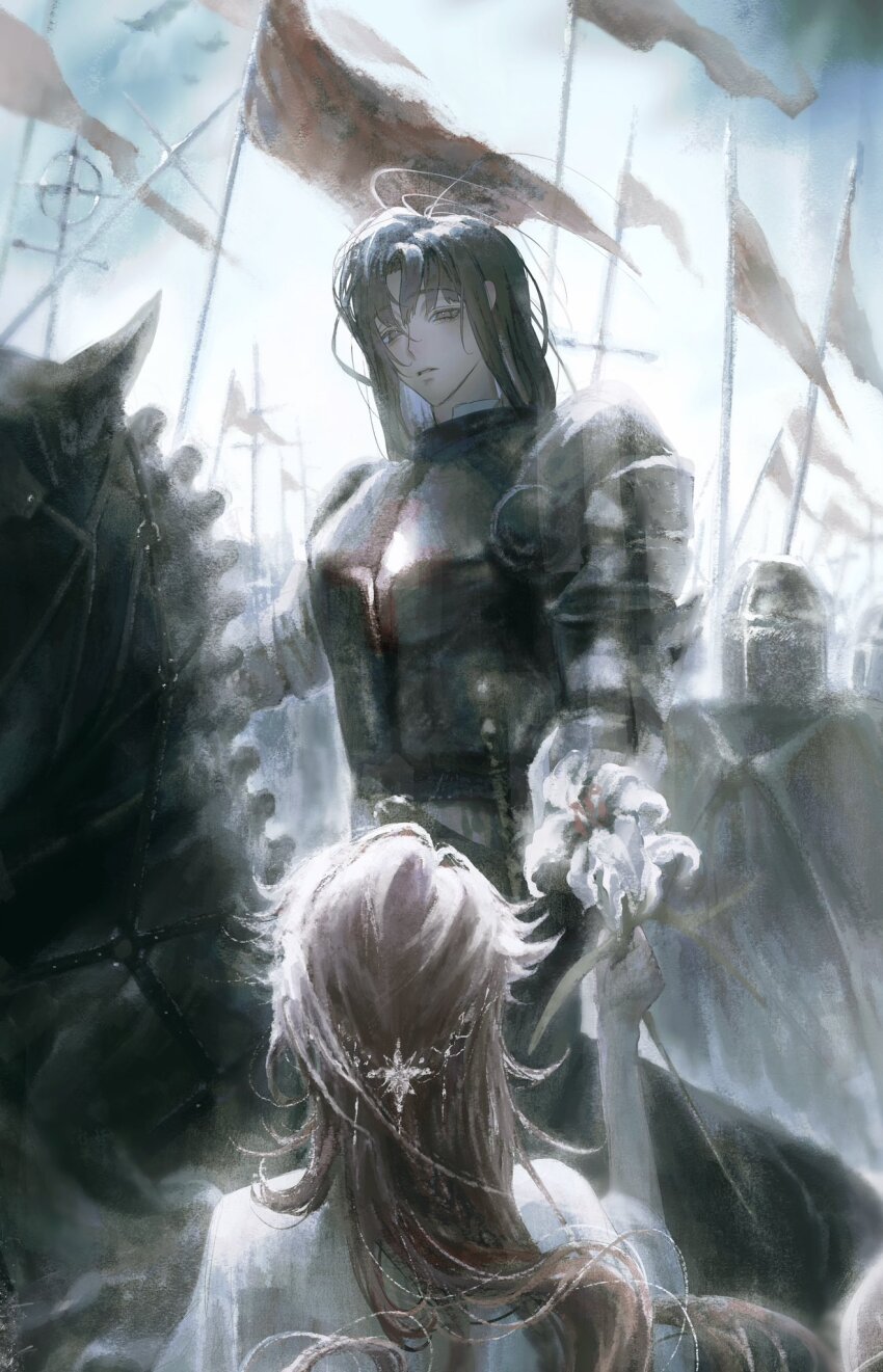 1other 2girls armor barding black_hair breastplate commentary curtained_hair flagpole flower helm helmet highres holding holding_flower horseback_riding long_hair loose_hair_strand multiple_girls original parted_lips red_flag red_hair riding supedsun white_flower