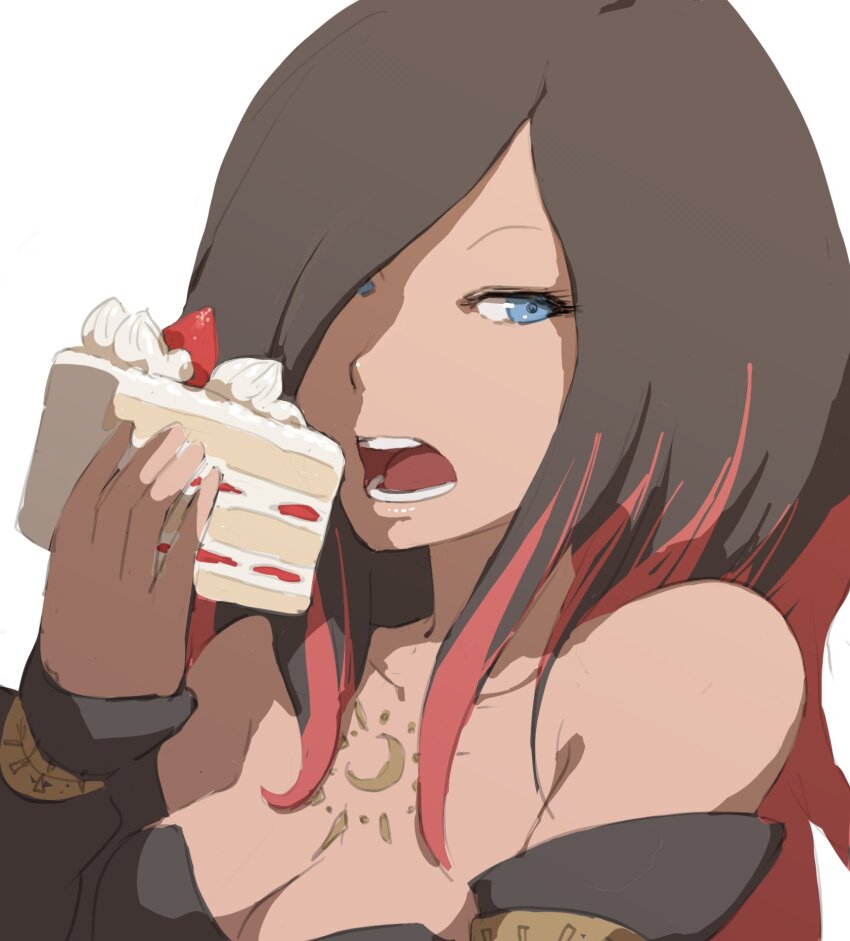 1girl bare_shoulders black_hair blue_eyes breasts cake cake_slice cleavage clothing_cutout collarbone crow_(gravity_daze) fingernails food fruit gradient_hair gravity_daze highres long_hair long_sleeves looking_at_viewer multicolored_hair nail_polish open_mouth red_hair saitou_shunsuke solo strapless strawberry two-tone_hair vambraces very_long_hair