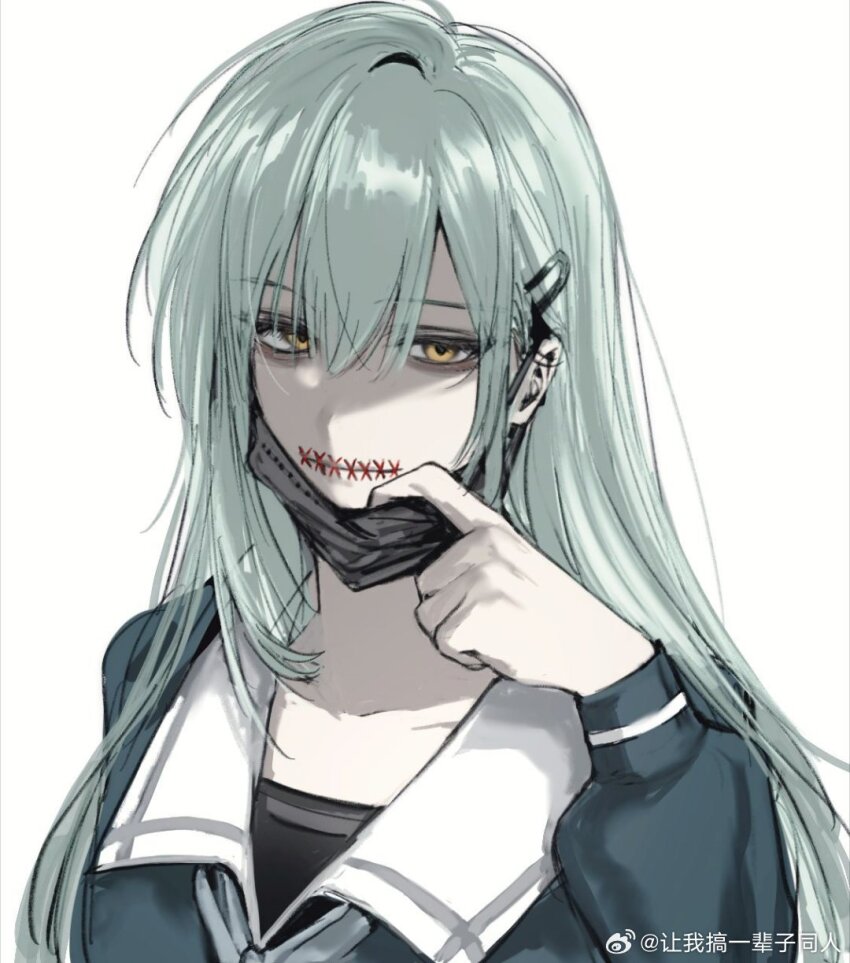 1girl bang_dream! bang_dream!_it&#039;s_mygo!!!!! black_mask blue_shirt commentary green_hair hair_between_eyes highres long_hair long_sleeves looking_at_viewer mask mouth_mask school_uniform shirt simple_background siy_(shengxiu760722) solo stitched_mouth stitches symbol-only_commentary tsukinomori_school_uniform upper_body wakaba_mutsumi weibo_watermark white_background yellow_eyes