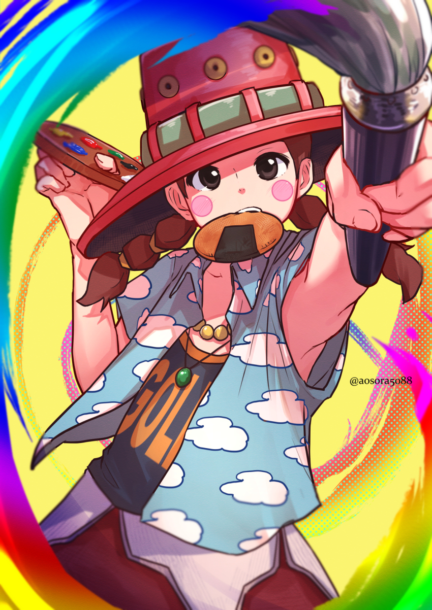 1girl aosora2823 armpit_peek brown_eyes brown_hair cloud_print collared_shirt halftone hat highres holding holding_paintbrush jewelry long_hair looking_at_viewer miss_goldenweek mouth_hold multi-tied_hair necklace one_piece paintbrush painting_(action) palette_(object) pink_hat print_shirt shirt short_sleeves solo twintails up_sleeve upper_body