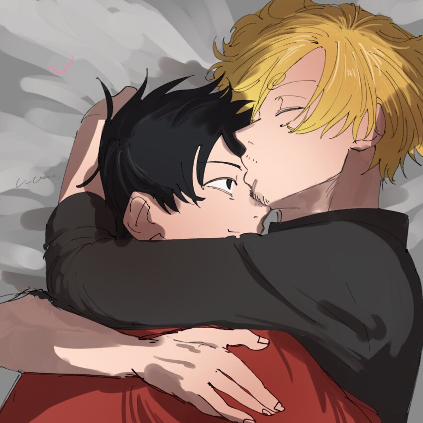 2boys black_hair black_shirt blonde_hair closed_eyes closed_mouth collared_shirt commentary_request couple curly_eyebrows facial_hair goatee highres hug kiss kissing_forehead long_sleeves looking_at_another lying male_focus monkey_d._luffy multiple_boys on_bed on_side one_piece red_shirt sanji_(one_piece) shirt short_hair smile u_uown yaoi