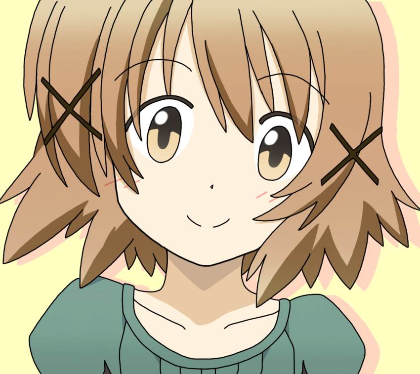 1girl brown_eyes brown_hair closed_mouth collarbone dot_nose feet_out_of_frame female_focus hair_ornament hidamari_sketch looking_at_viewer short_hair simple_background skyiluca smile solo standing upper_body x_hair_ornament yuno_(hidamari_sketch)