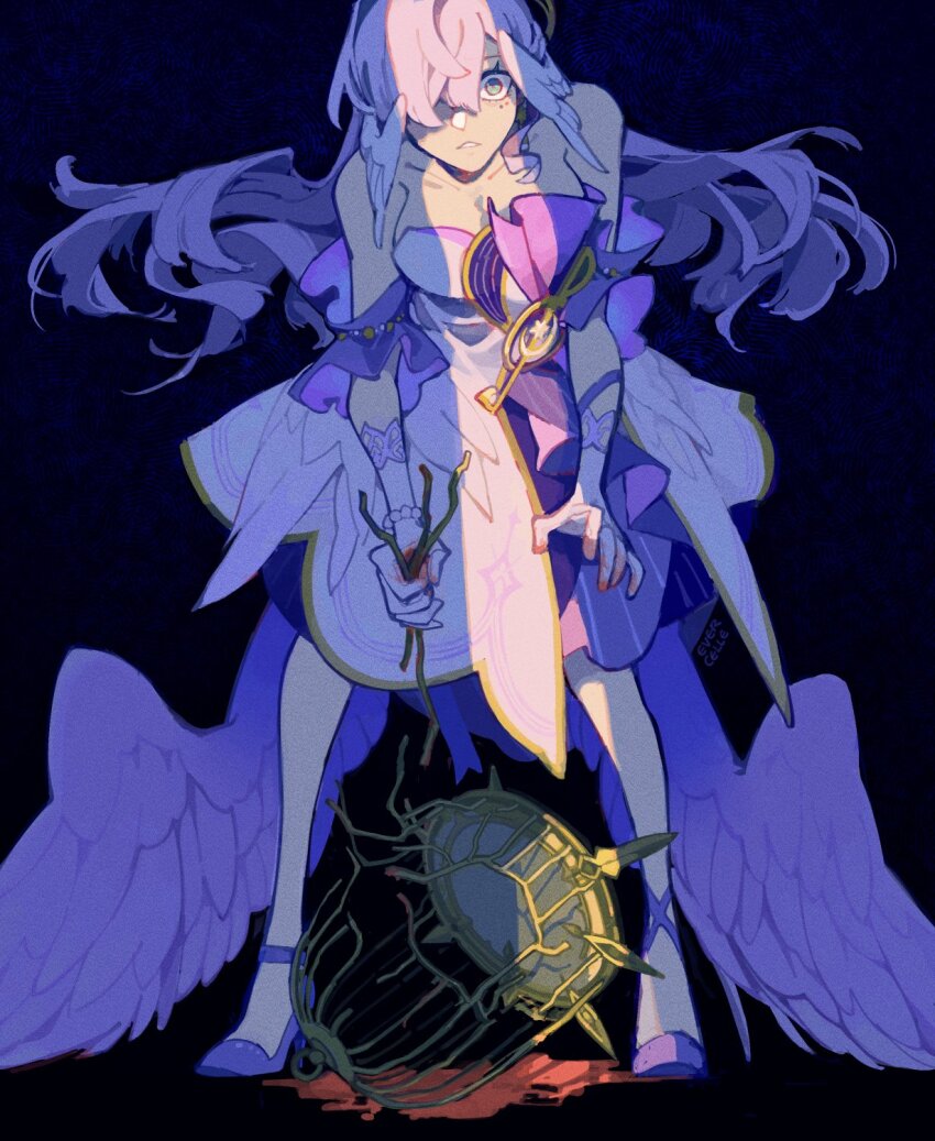 1girl angry birdcage black_background blood blood_on_hands cage commentary dress empty_eyes english_commentary evercelle feathered_wings gloves halo head_wings high_heels highres honkai:_star_rail honkai_(series) leaning_forward long_hair looking_at_viewer pool_of_blood purple_dress purple_footwear purple_hair robin_(honkai:_star_rail) simple_background solo symbolism treble_clef two-tone_dress white_dress white_gloves wings