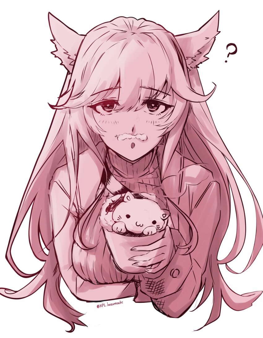 1girl ? animal_ears arm_under_breasts breasts coffee coffee_mug commentary_request cup foam_mustache girls&#039;_frontline girls&#039;_frontline_neural_cloud hair_between_eyes highres holding holding_cup jacket kpl_kuzumochi large_breasts latte_art long_hair looking_at_viewer monochrome mug open_mouth persicaria_(neural_cloud) ribbed_sweater simple_background solo sweater twitter_username upper_body white_background