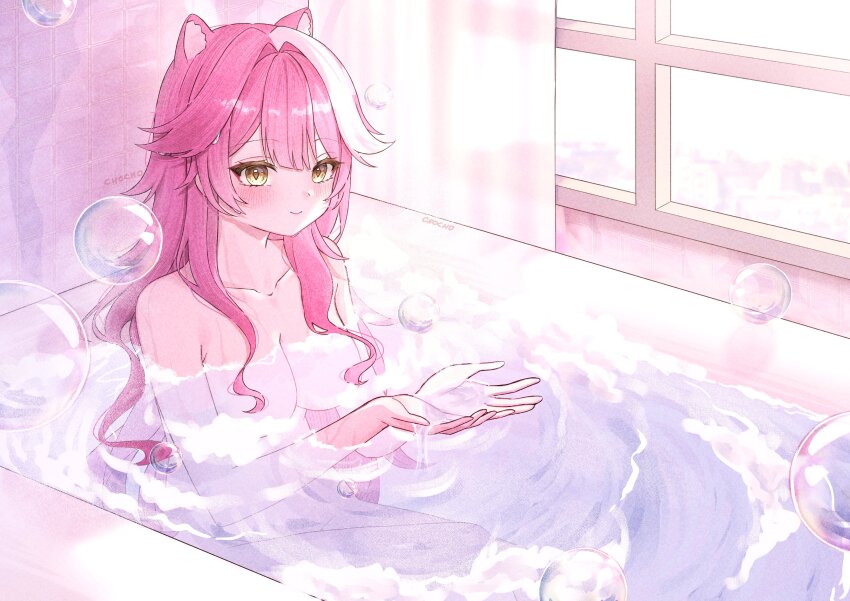 1girl absurdres animal_ears artist_name bath bathtub blush breasts bubble cleavage closed_mouth collarbone commentary completely_nude curtains english_commentary eyeshadow groin hair_intakes highres hololive hololive_english large_breasts long_hair makeup multicolored_hair nude panther_ears panther_girl pink_eyeshadow pink_hair raora_panthera sitting solo streaked_hair tile_wall tiles tsuki_1309 virtual_youtuber water white_hair window yellow_eyes