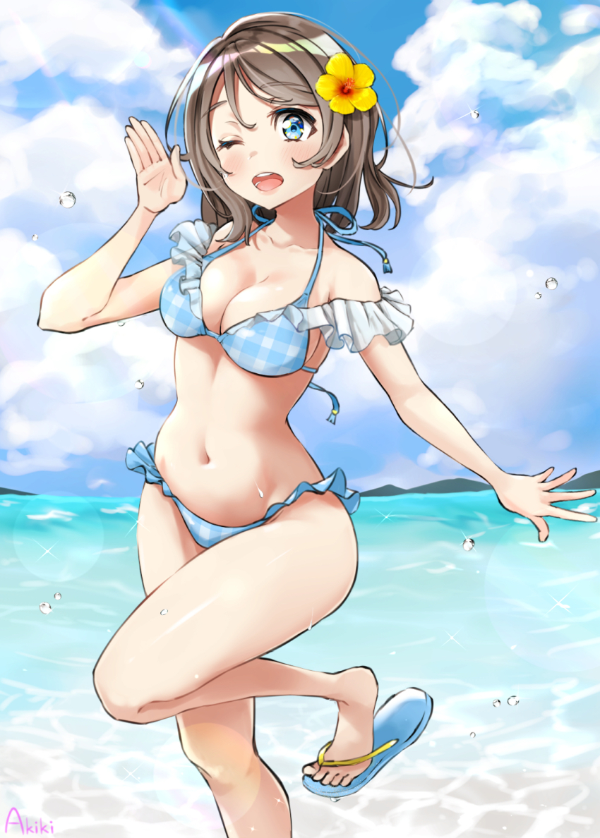 1girl akiki222222222 akiki_(kiki) aqua_bikini aqua_footwear artist_name artist_request bare_shoulders bikini blue_bikini blue_eyes blue_sky blush breasts cleavage cloud collarbone day feet female_focus flip-flops flower frilled_bikini frills grey_hair halterneck hand_wave highres light_brown_hair looking_at_viewer love_live! love_live!_sunshine!! mountain ocean outdoors parted_lips rainbow sandals short_hair sky small_breasts smile solo standing standing_on_one_leg swimsuit teeth upper_teeth_only watanabe_you yellow_flower