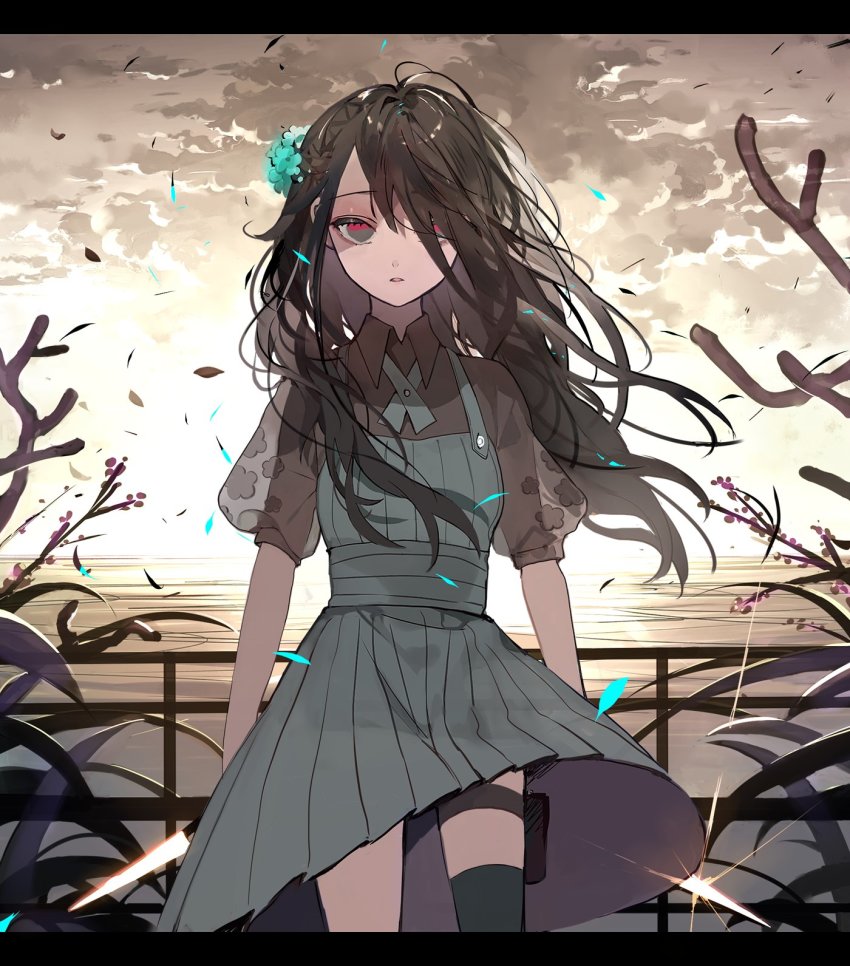 1girl asymmetrical_legwear bad_end berry black_hair black_thighhighs blue_dress blue_flower branch bush cloud cloudy_sky commentary_request cowboy_shot dress dual_wielding falling_leaves falling_petals flower gleam grey_eyes hair_flower hair_ornament hair_over_one_eye highres holding holding_knife holster horizon karo_(karohroka) knife leaf letterboxed long_hair messy_hair multicolored_eyes ocean original parted_lips petals railing red_eyes sky solo sunset thigh_holster thigh_strap thighhighs tsurime uneven_legwear water wind