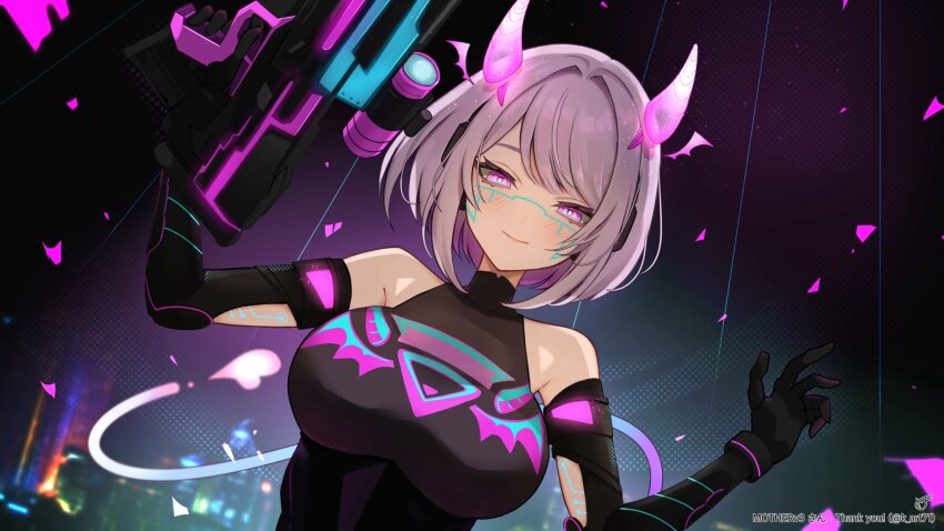 1girl black_gloves black_shirt breasts bright_pupils character_name closed_mouth colored_inner_hair elbow_gloves gloves grey_hair gun highres holding holding_gun holding_weapon horns indie_virtual_youtuber k_(art71) large_breasts motherv3 multicolored_hair pink_hair pink_horns purple_eyes rifle shirt short_hair sleeveless sleeveless_shirt sniper_rifle solo thank_you twitter_username upper_body virtual_youtuber weapon white_pupils