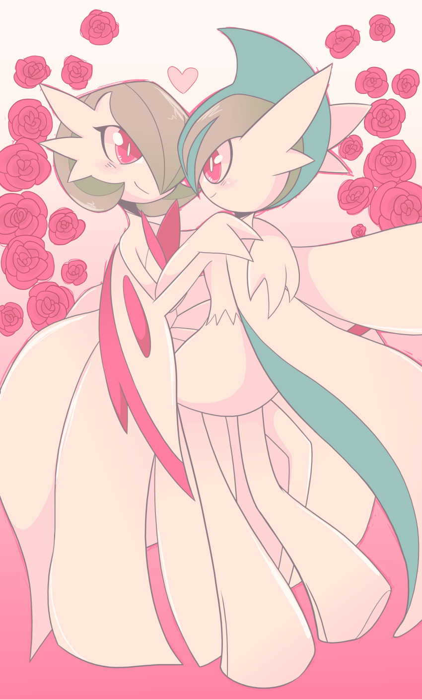 absurdres arm_blade blush bob_cut cape colored_skin creatures_(company) dress flower gallade game_freak gardevoir gen_3_pokemon gen_4_pokemon gradient_background green_hair heart hearttheglaceon highres hug mega_gallade mega_gardevoir mega_pokemon nintendo pink_background pokemon pokemon_(creature) rose smile strapless strapless_dress weapon white_cape white_dress white_skin