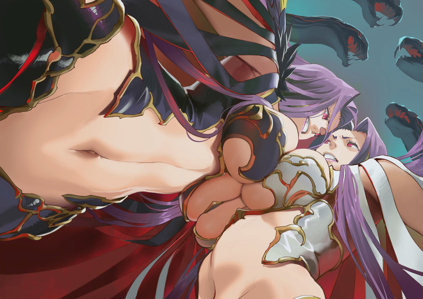 2girls black_vs_white blue_background breast_press breasts clenched_teeth commentary_request fate/grand_order fate_(series) from_below gorgon_(fate) gorgon_(third_ascension)_(fate) grin hair_intakes highres large_breasts long_hair medusa_(fate) medusa_(rider)_(fate) midriff moruga multiple_girls navel pink_eyes purple_hair rider smile snake_hair symmetrical_docking teeth underwear very_long_hair