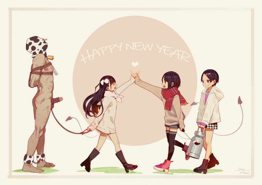 1boy 3girls animal_print ankle_cuffs bdsm bondage borrowed_character bound bound_arms clothed_female_nude_male commentary cow_print english_commentary femdom happy_new_year highres leash leash_on_penis milk_churn miyu_(tiny_evil) muk_(monsieur) multiple_girls new_year nipple_tag nude penis rope sana_(tiny_evil) yuu_(tiny_evil)