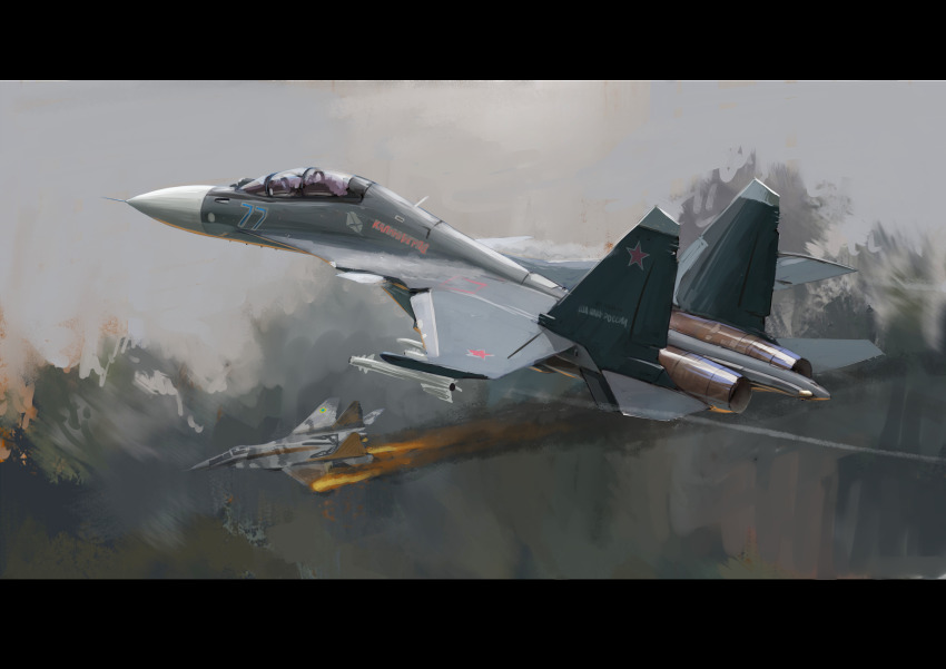 absurdres aerial_battle aircraft airplane battle fighter_jet fire highres jet military_vehicle missile no_humans original red_star russia russian_commentary russo-ukrainian_war sky star_(symbol) su-30 translation_request ukraine yukikaze_supersylph