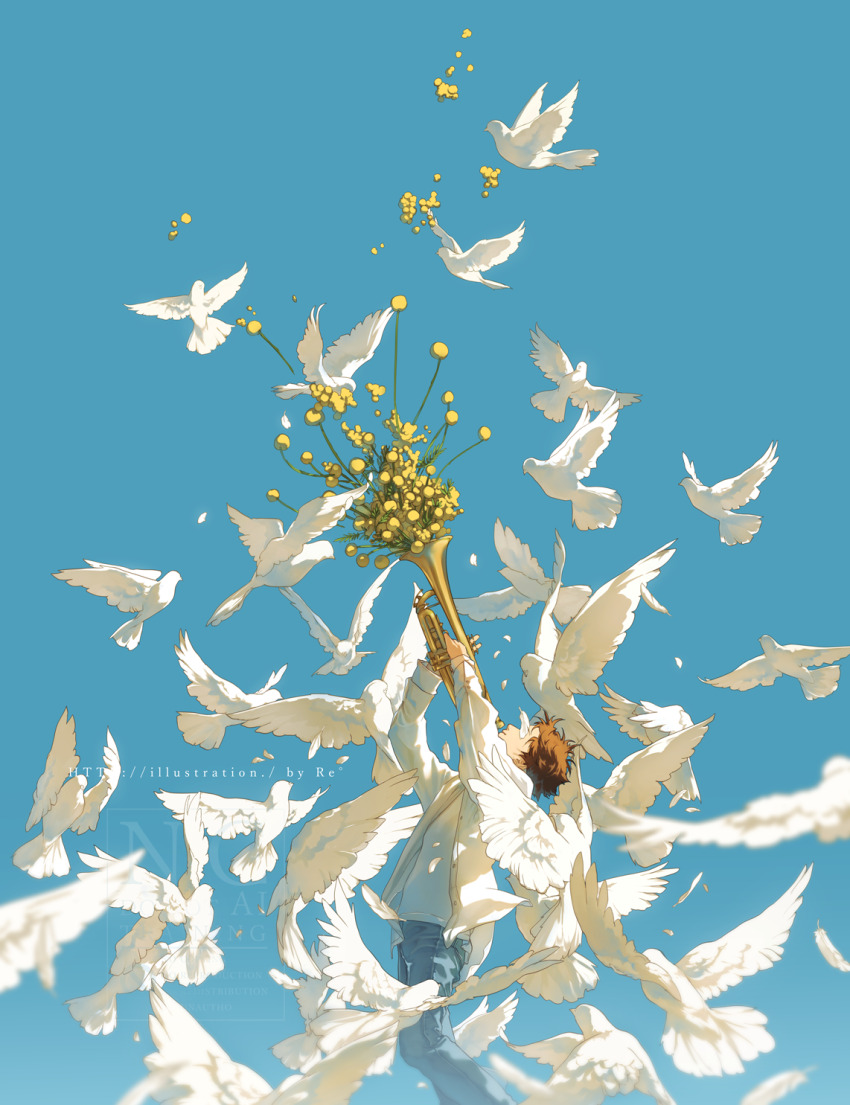 1boy aqua_background bird bouquet brown_hair denim feet_out_of_frame flower fluffy from_side highres holding holding_instrument instrument jacket jeans long_sleeves looking_up male_focus original pants rido_(ridograph) shirt short_hair simple_background solo standing trumpet watermark web_address white_bird white_jacket white_shirt yellow_flower