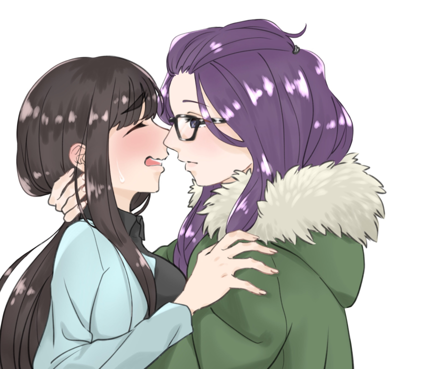 2girls bangs_pinned_back blush brown_hair coat commentary embarrassed eye_contact closed_eyes glasses highres hug jacket kagamihara_sakura long_hair looking_at_another multiple_girls open_mouth purple_eyes purple_hair shirokuro_ookami shirt simple_background sweatdrop toba_minami white_background winter_clothes yuri yurucamp