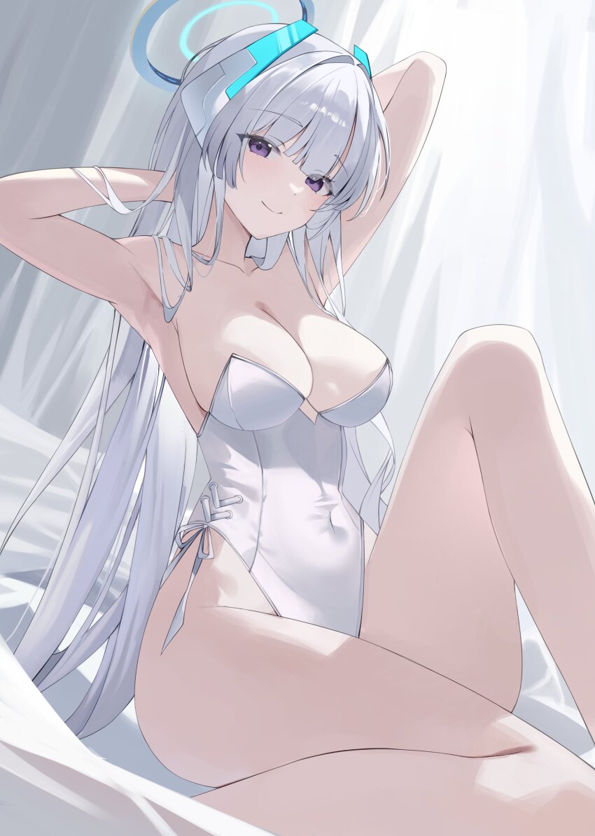 1girl absurdres alternate_costume armpits arms_behind_head bare_legs bare_shoulders blue_archive breasts cleavage commentary covered_navel curtains doka_l halo highres large_breasts legs leotard long_hair mechanical_halo noa_(blue_archive) on_bed purple_eyes sideboob smile solo thighs white_hair white_leotard