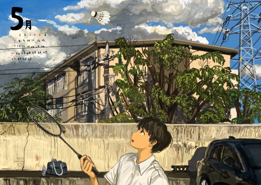 1boy badminton badminton_racket bag black_hair blue_sky bottle brown_eyes building calendar_(medium) car cinder_block cloud collared_shirt commentary_request day from_side highres looking_up male_focus may minahamu motor_vehicle open_mouth original outdoors polo_shirt power_lines practicing profile racket scenery school_bag shirt short_hair shuttlecock sideways_mouth sky solo town transmission_tower tree upper_body wall water_bottle white_shirt