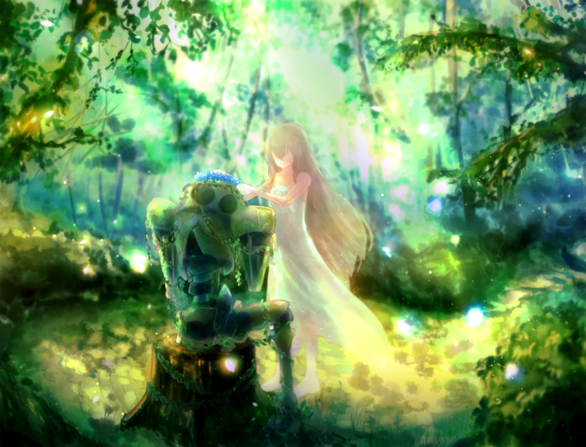 1girl ar_nosurge broken brown_hair dress earthes forest head_wreath highres ionasal_kkll_preciel long_hair mogupon nature robot smile surge_concerto transparent very_long_hair white_dress