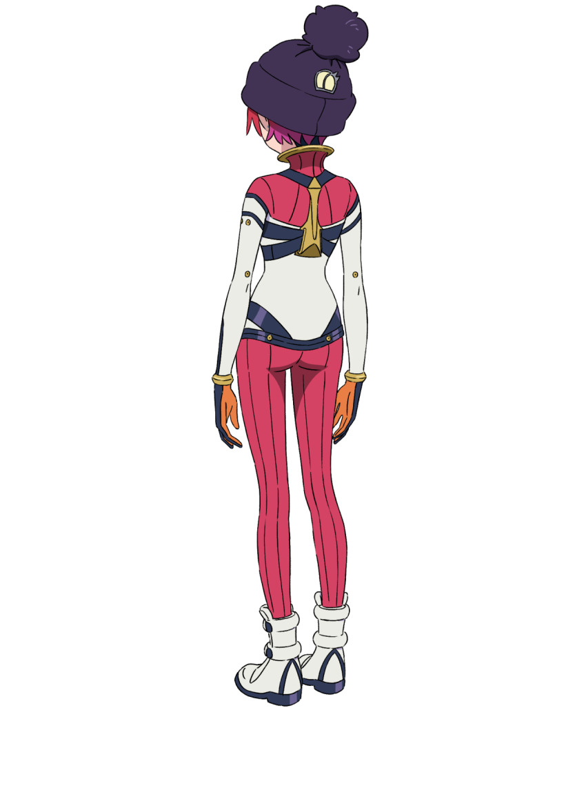 1girl amate_yuzuriha ass boots from_behind full_body gundam gundam_gquuuuuux hat highres mecha_pilot_suit official_art red_hair short_hair solo transparent_background