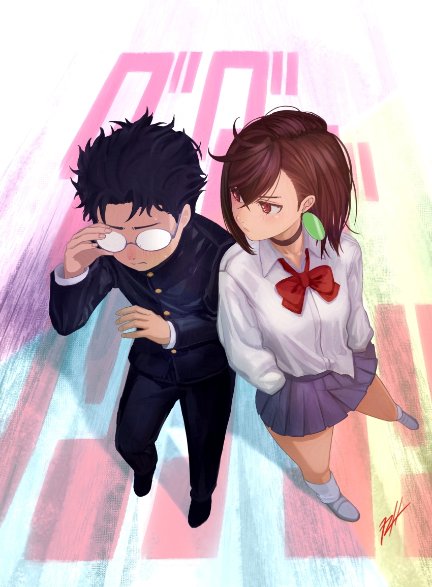 1boy 1girl absurdres adjusting_eyewear ayase_momo black_choker black_hair black_jacket black_pants blue_skirt bow bowtie brown_eyes brown_hair choker copyright_name dandadan earrings from_above full_body gakuran glasses hair_behind_ear hair_between_eyes hands_in_pockets hashtag-only_commentary highres jacket jewelry leaning_on_person leaning_to_the_side light_blush long_sleeves looking_at_another looking_to_the_side loose_bowtie medium_hair messy_hair miniskirt pants pleated_skirt ranh red_bow red_bowtie round_eyewear school_uniform shirt short_hair signature skirt socks standing sweat takakura_ken_(dandadan) walking white_shirt white_socks