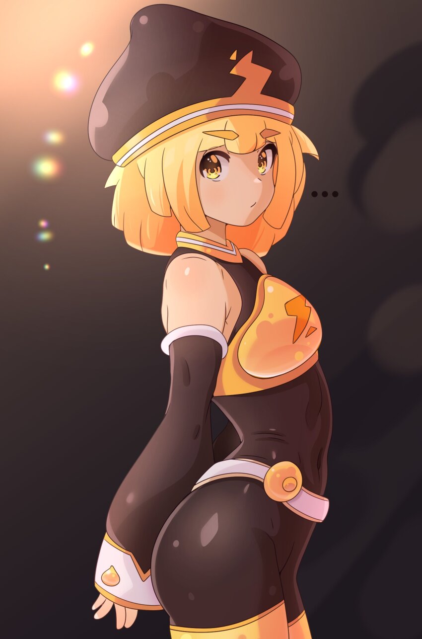 1girl absurdres arms_behind_back ass blonde_hair bodysuit breasts covered_navel from_side hat highres legs looking_at_viewer mrrollingcircle original short_hair small_breasts solo thick_thighs thighs yellow_eyes