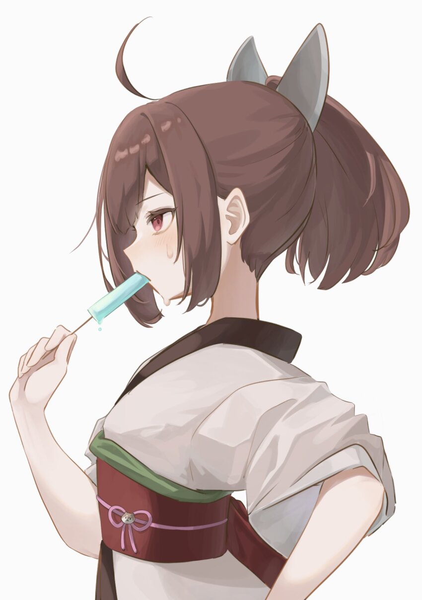 1girl alternate_hairstyle arched_back blush brown_hair commentary_request eating food from_side hand_on_own_hip headgear highres holding holding_food holding_popsicle japanese_clothes kimono looking_ahead obi obiage obijime ponytail popsicle profile red_eyes sash short_hair short_sleeves sidelocks simple_background sleeves_pushed_up solo sweat touhoku_kiritan upper_body voiceroid white_background white_kimono yorky_(0614yorky)