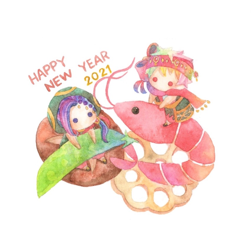 2021 2boys arabian_clothes chibi dated full_body green_bean happy_new_year jamil_viper kalim_al-asim kirakira_huuuki long_hair looking_at_viewer male_focus multiple_boys mushroom new_year painting_(medium) purple_eyes purple_hair red_eyes short_hair shrimp simple_background sleeveless sleeveless_jacket traditional_media twisted_wonderland watercolor_(medium) white_background