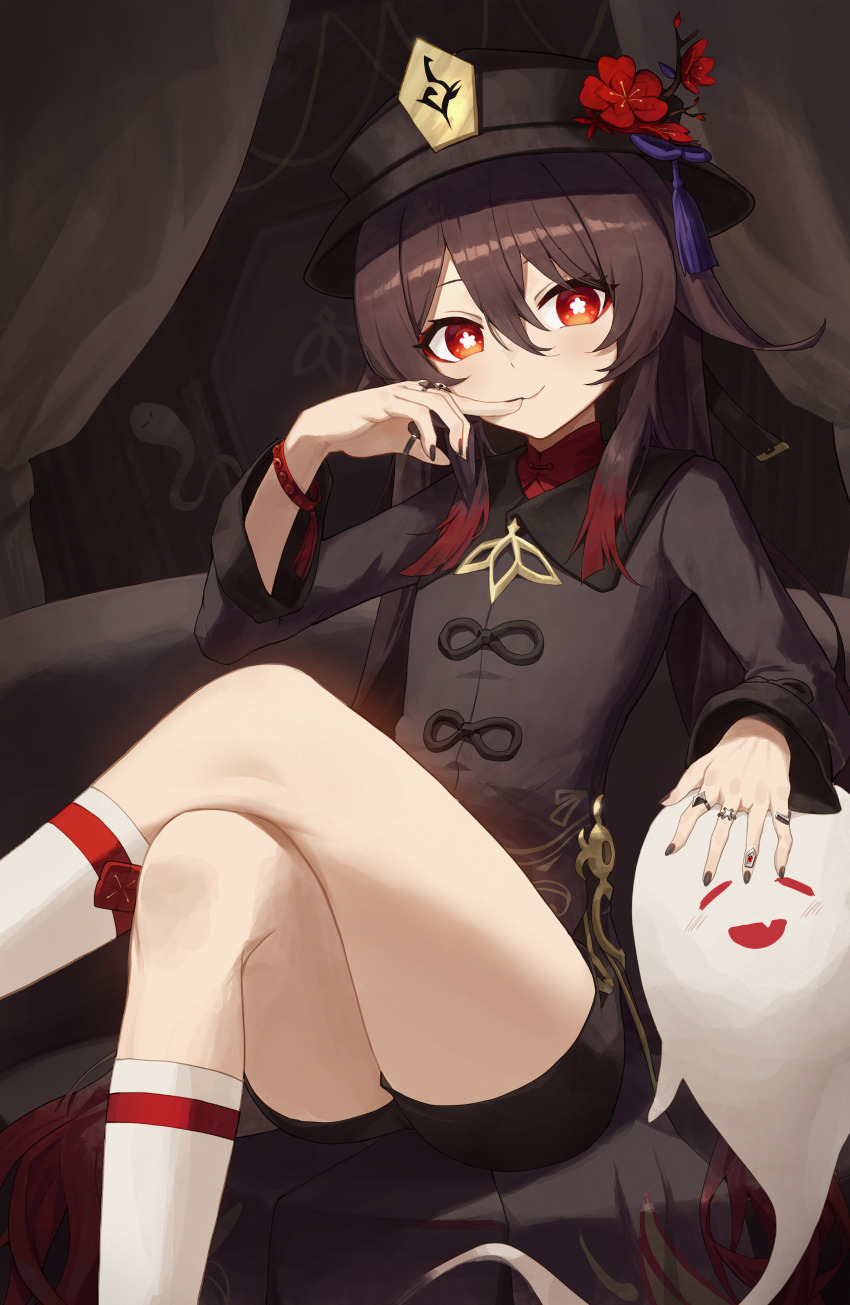 1girl absurdres bare_legs black_nails brown_coat brown_hair brown_hat closed_mouth coat crossed_legs fingernails flower flower-shaped_pupils genshin_impact ghost hair_between_eyes hat hat_flower highres hu_tao_(genshin_impact) jewelry long_hair long_sleeves looking_at_viewer multiple_rings nail_polish pellas_(panix2383) plum_blossoms porkpie_hat red_eyes ring sitting smile solo symbol-shaped_pupils thighs twintails