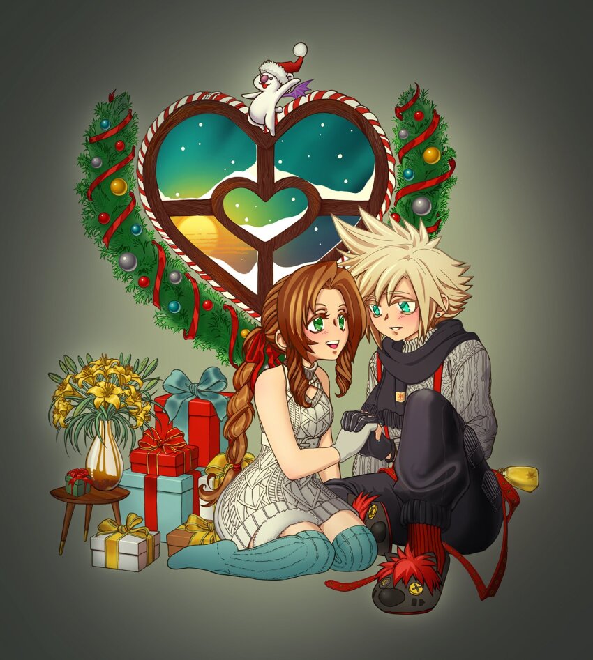 1boy 1girl aerith_gainsborough aerith_gainsborough_(fairy_of_snowfall) animal_slippers aqua_eyes aqua_thighhighs bare_shoulders bell belt black_gloves black_pants black_scarf blonde_hair box braid braided_ponytail breasts brown_hair cable_knit cargo_pants christmas christmas_ornaments christmas_present christmas_wreath clothing_cutout cloud_strife cloud_strife_(holiday_outfit) cowbell dress earrings final_fantasy final_fantasy_vii final_fantasy_vii_ever_crisis fingerless_gloves flower full_body gift gift_box gloves green_eyes grey_background grey_sweater hair_ribbon hat herzenreine highres holding_hands interlocked_fingers jewelry kneeling knit_sweater lily_(flower) long_hair medium_breasts moogle multiple_belts no_shoes official_alternate_costume open_mouth pants parted_bangs parted_lips red_belt red_hair red_ribbon red_xiii red_xiii_(the_hellhound) ribbon santa_hat scarf short_hair sidelocks single_braid single_earring sitting slippers smile snow spiked_hair sunset suspenders sweater sweater_dress thigh_strap thighhighs vase white_gloves wreath yellow_flower