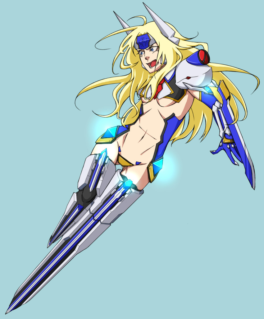 1girl arm_blade armor bad_id bad_pixiv_id blazblue blonde_hair blue_eyes breasts center_opening crotch_plate female_focus forehead_protector highres long_hair mecha_musume mu-12 navel no_feet oomura_(blau89blau) pauldrons shoulder_armor small_breasts solo underboob weapon