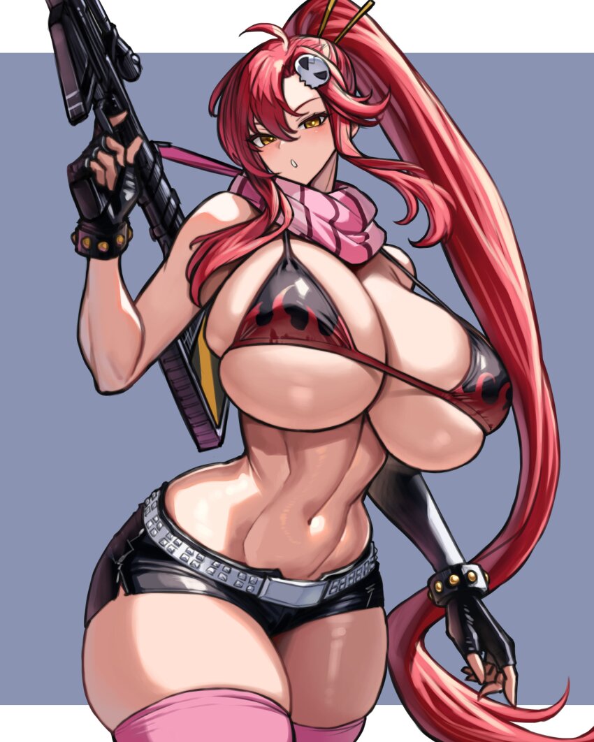 1girl absurdres alternate_breast_size belt bikini bikini_top_only bracelet breasts cleavage curvy fingerless_gloves flame_print gloves gun hair_ornament hair_stick highres huge_breasts jewelry long_hair looking_at_viewer navel no_shirt pink_thighhighs ponytail red_hair rifle scarf short_shorts shorts skull_hair_ornament smile sniper_rifle solo striped_clothes striped_scarf studded_belt studded_bracelet swimsuit tengen_toppa_gurren_lagann thick_thighs thighhighs thighs weapon wide_hips wolffeld_price yellow_eyes yoko_littner