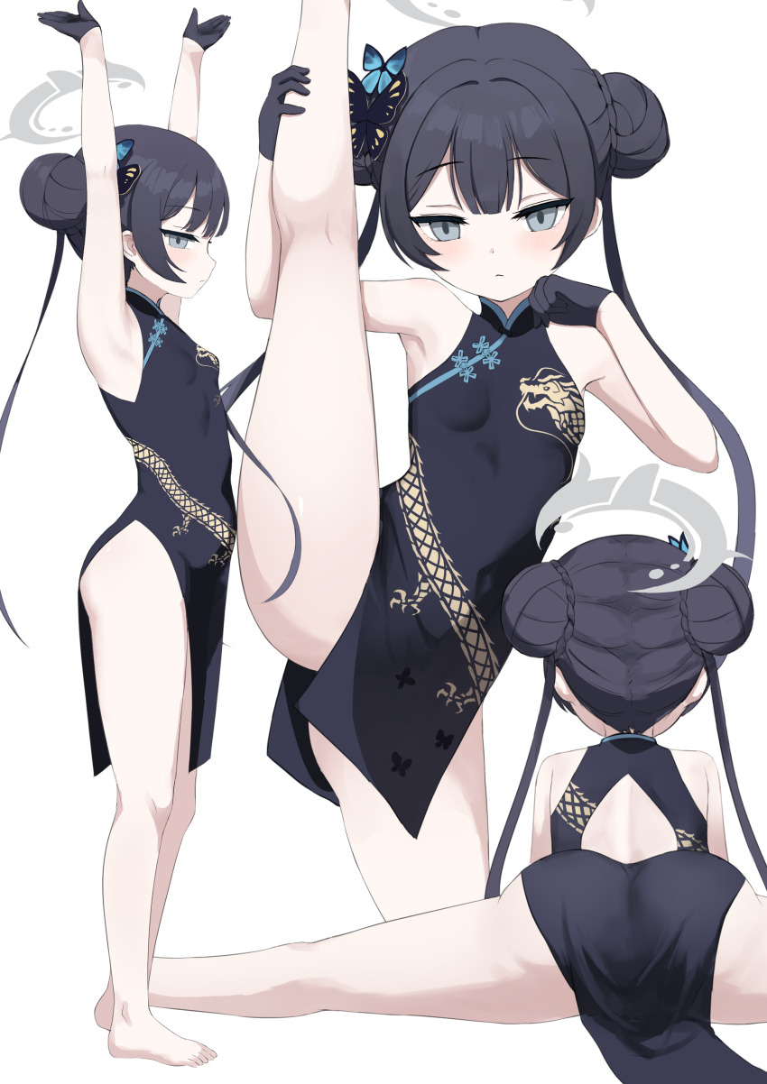 1girl absurdres armpits arms_up ass barefoot black_hair blue_archive breasts butterfly_hair_ornament china_dress chinese_clothes double_bun dragon_print dress from_behind from_side gloves grey_eyes grey_halo hair_bun hair_ornament halo highres holding_own_leg kisaki_(blue_archive) kneepits long_hair petite simple_background small_breasts solo split standing standing_on_one_leg standing_split stretching watarurikka white_background