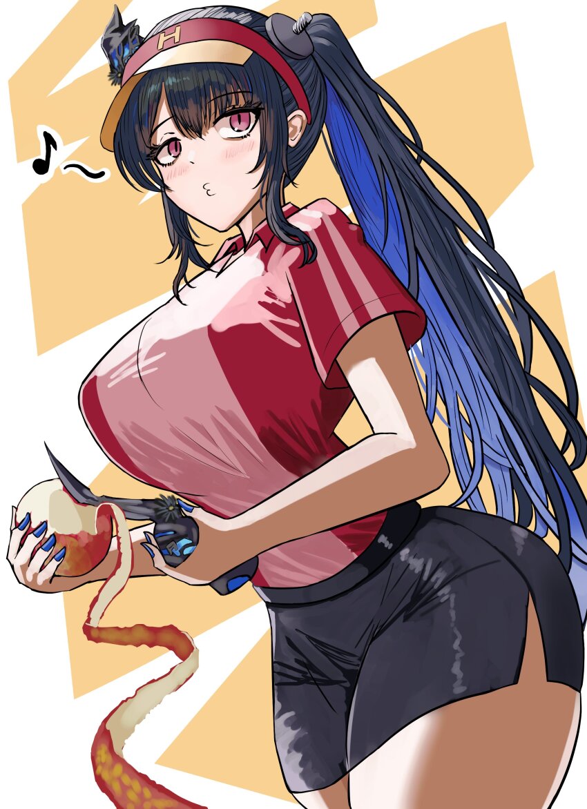 absurdres apple black_hair black_skirt blue_hair blush brand_name_imitation breasts cowboy_shot food fruit high_ponytail highres holding holding_food holding_fruit holding_knife hololive hololive_english horns knife kurenai_kenta large_breasts long_hair mcdonald&#039;s miniskirt musical_note nerissa_ravencroft peeling ponytail purple_eyes red_shirt shirt simple_background single_horn skirt whistle white_background