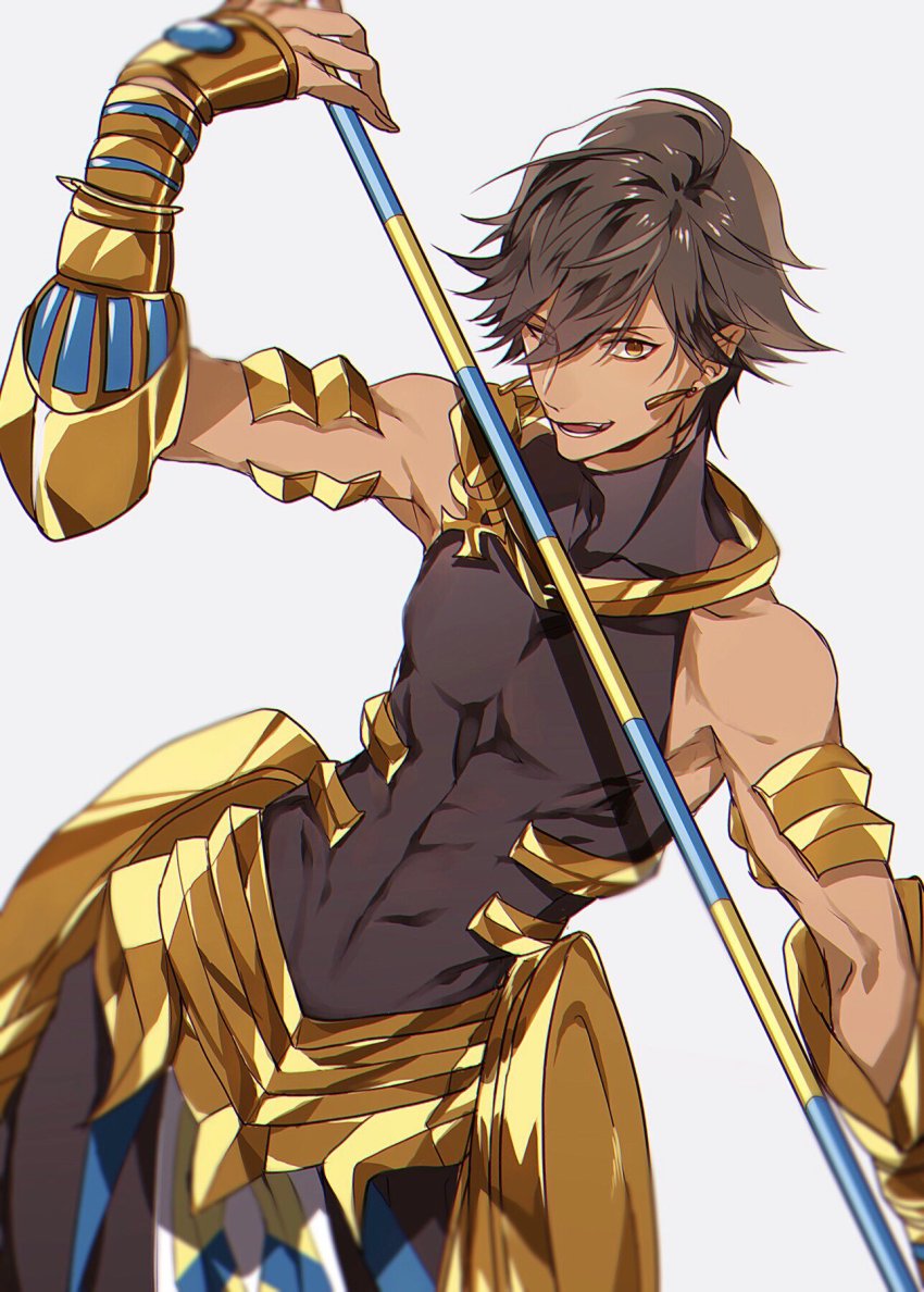 1boy :d ahoge ancient_egyptian_clothes arm_armor armor brown_hair commentary dark-skinned_male dark_skin earrings fate/grand_order fate/prototype fate/prototype:_fragments_of_blue_and_silver fate_(series) feet_out_of_frame grey_background highres holding holding_scarf holding_unworn_clothes jewelry kaa looking_at_viewer male_focus open_mouth ozymandias_(fate) scarf short_hair simple_background smile solo yellow_eyes