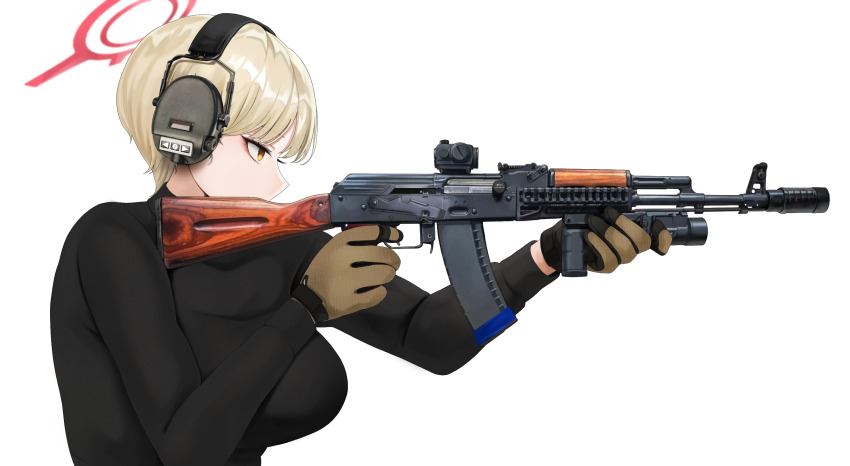 1girl aiming ak-47 assault_rifle black_bodysuit blonde_hair blue_archive bodysuit breasts brown_gloves commentary ear_protection fte_(fifteen_199) gloves gun halo headphones highres holding holding_gun holding_weapon kalashnikov_rifle large_breasts marina_(blue_archive) optical_sight red_halo rifle short_hair simple_background solo trigger_discipline upper_body weapon white_background yellow_eyes