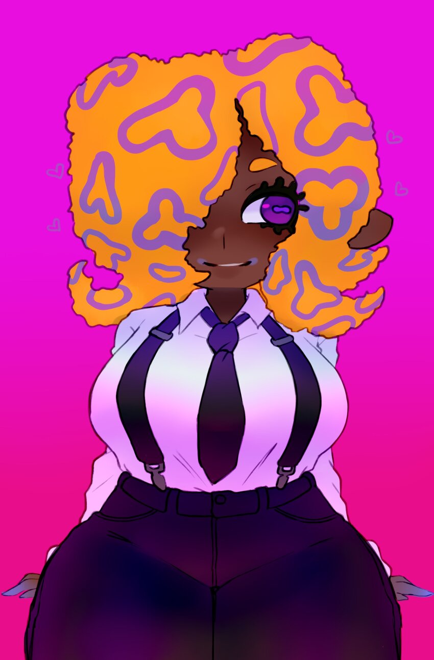 1girl absurdres alternate_body_size black_necktie breasts collared_shirt cowboy_shot gradient_background hair_over_one_eye heart highres large_breasts long_sleeves medium_hair necktie nintendo orange_hair parted_lips patterned_hair purple_background purple_eyes shirt shirt_tucked_in smile solo splatoon_(series) splatoon_3 suspenders tao_blu tentacle_hair vespbee white_shirt wide_hips