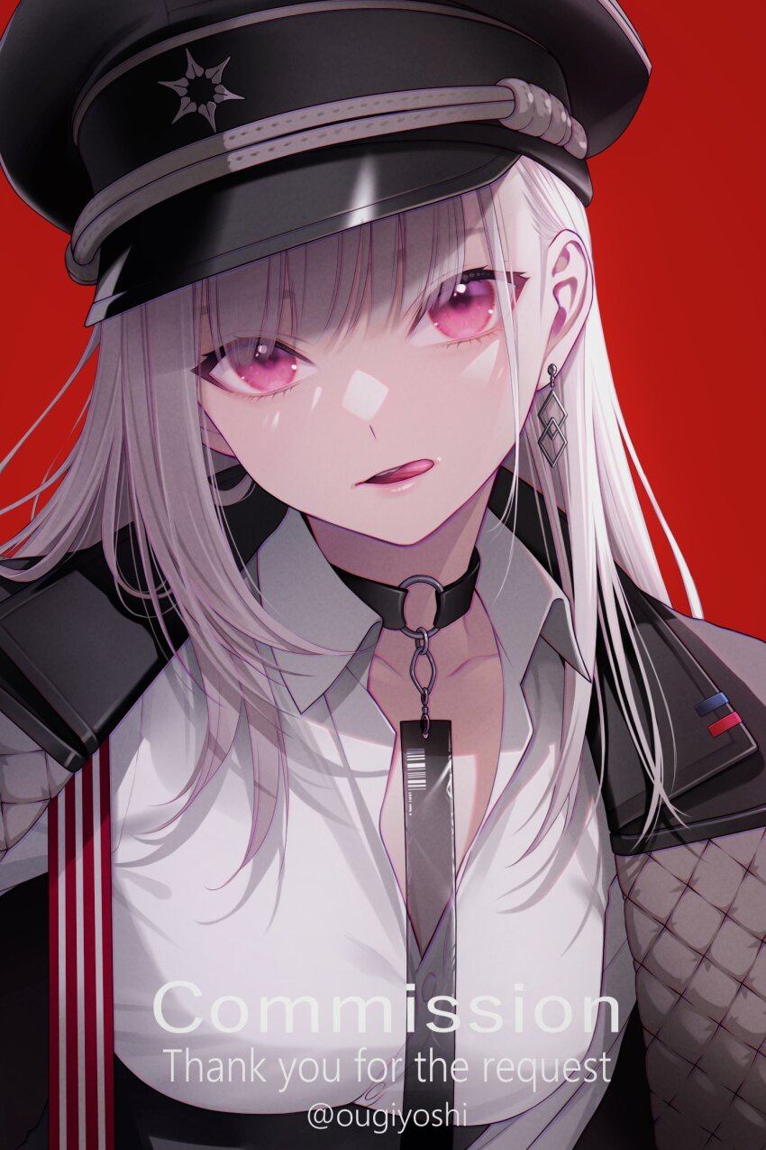 1girl black_collar black_hat chimachi coat coat_on_shoulders collar collared_shirt commission dress_shirt earrings english_text hat highres jewelry licking_lips long_hair looking_at_viewer military_hat o-ring_collar open_mouth original pink_eyes red_background shirt simple_background single_earring skeb_commission solo teeth tongue tongue_out twitter_username upper_body upper_teeth_only watermark white_hair white_shirt