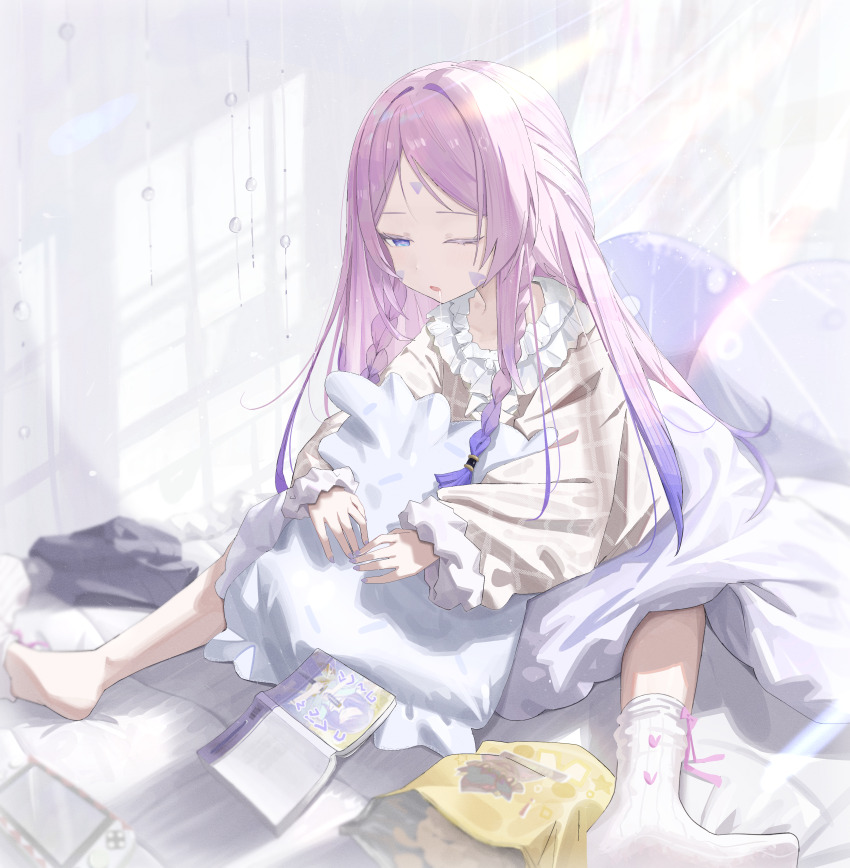 1girl absurdres achib bed_sheet blue_eyes book braid checkered_clothes chips_(food) citlali_(genshin_impact) commentary drooling facial_mark food forehead_mark frills game_console genshin_impact half-closed_eye highres indoors long_hair long_sleeves one_eye_closed open_mouth pajamas pillow pink_hair pink_pupils potato_chips single_sock sleepy socks solo sunlight white_pajamas white_socks